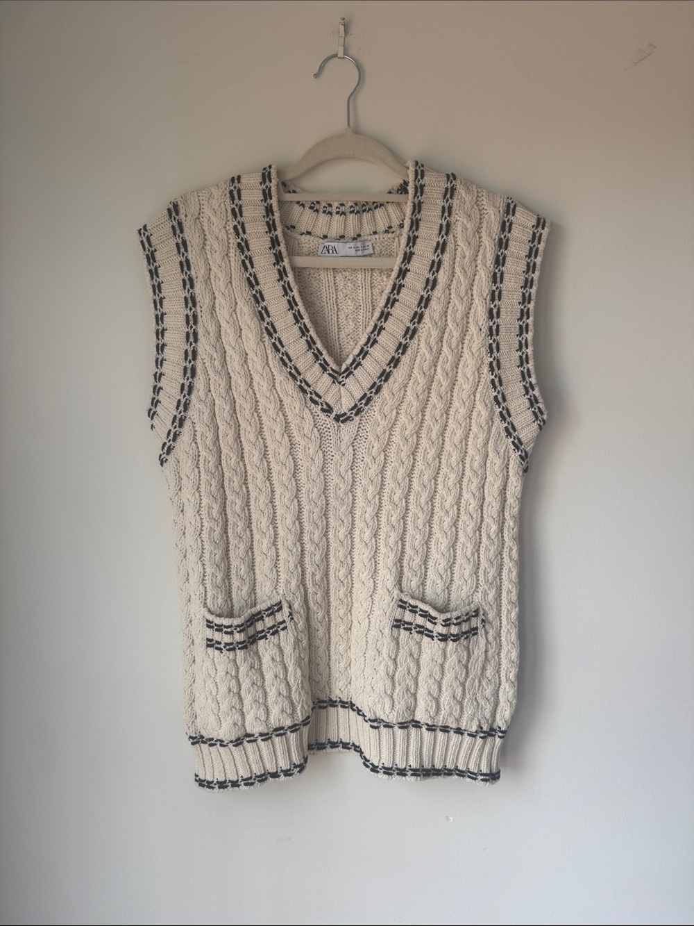 Zara Cream Cable Knit V-Neck Sweater Vest with Black Trim Accents